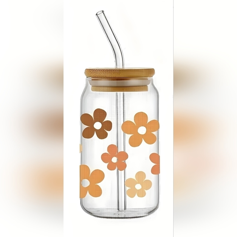 RETRO Beige & Brown FLOWERS 16oz Glass Libbey cup
